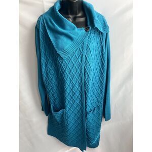 Vintage Anthony Richards Cable Knit Longline Teal Blue Cardigan Sweater Size L